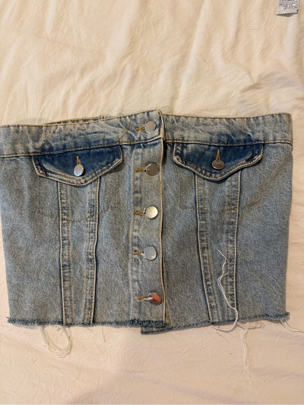 Denim Button-Front Tube Top in Light Blue
